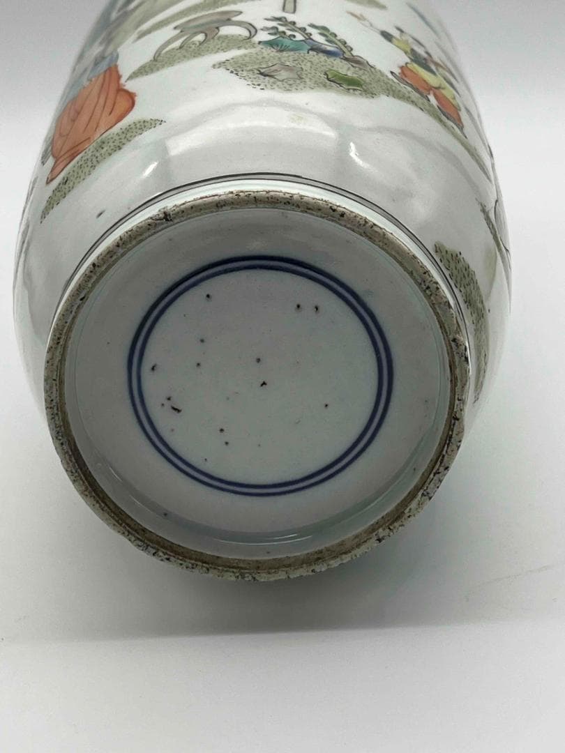 清時代 康熙五彩人物物語文瓶　西廂記棒槌瓶 花瓶(E-74)