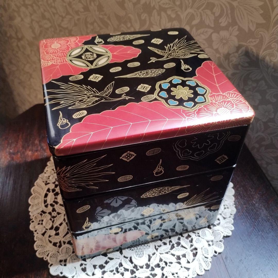 白木屋♥漆器 三段重箱 鶴と花♥重箱♥会津塗♥蒔絵♥