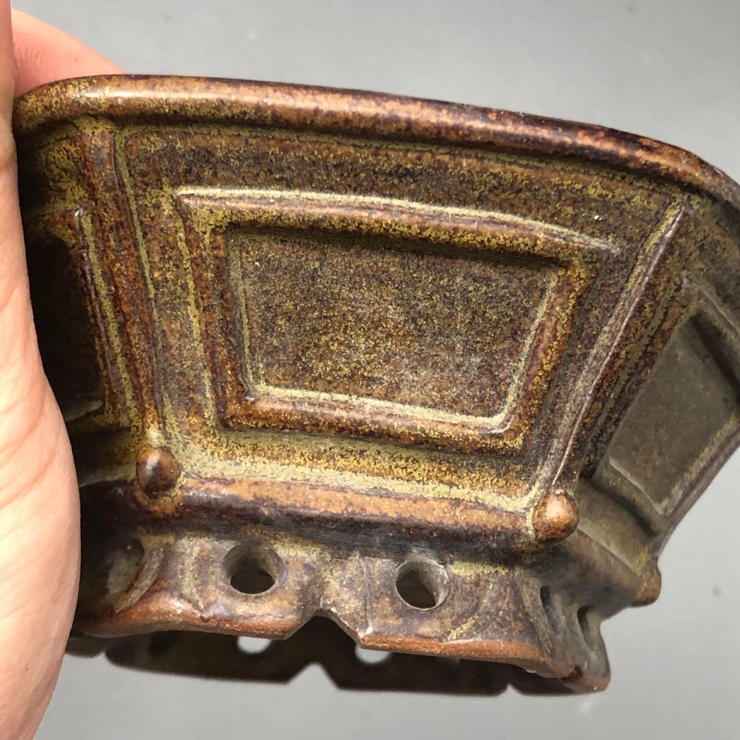 350.荞麦釉飾足六角鉢 盆栽鉢 植木鉢 14*15*5cm