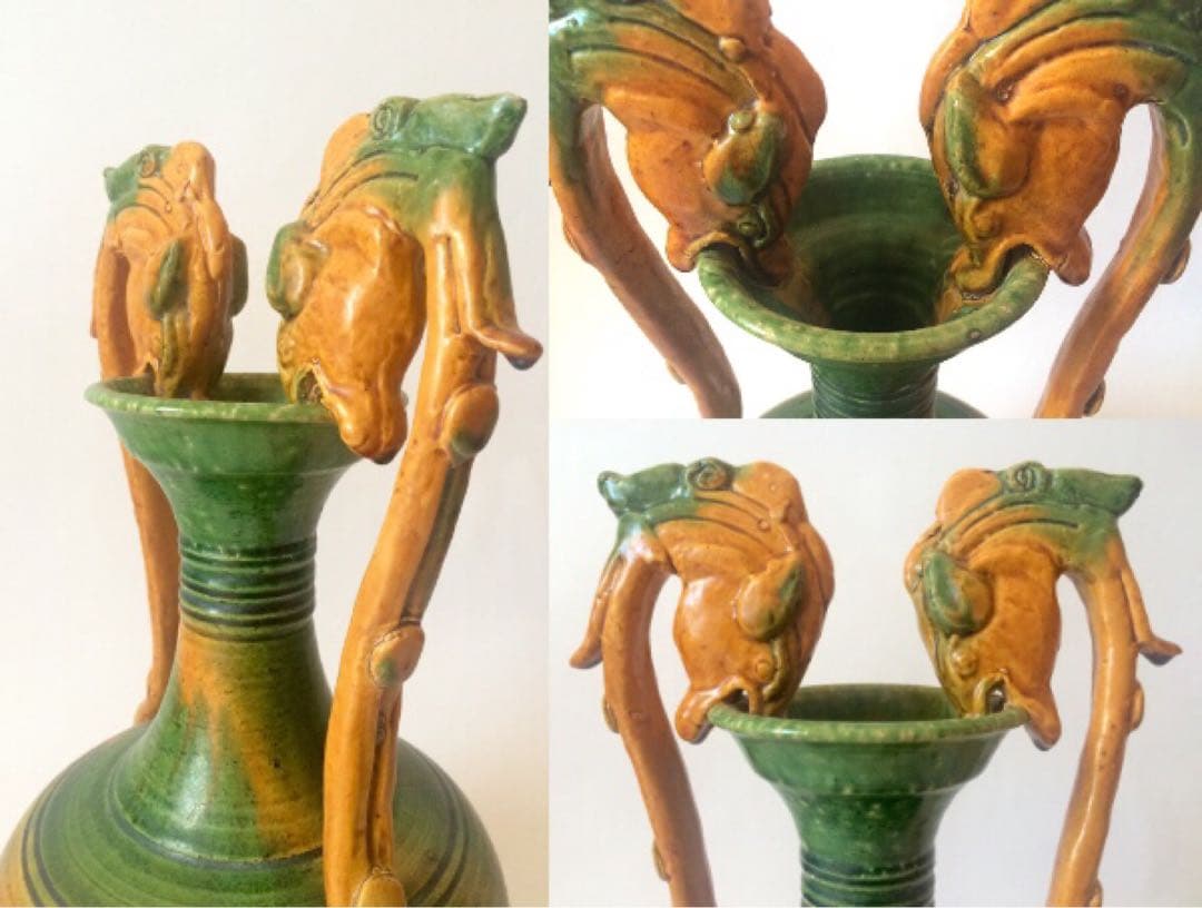 唐三彩　雙耳龍耳花瓶】 木箱付　遼三彩