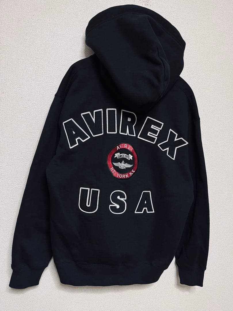 AVIREX バーシティ ロゴ スウェット ジップ パーカー 黒 L