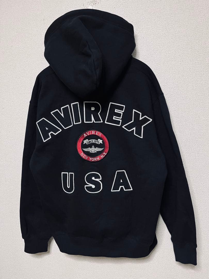 AVIREX バーシティ ロゴ スウェット ジップ パーカー 黒 L