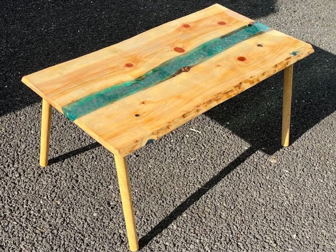 【ヒノキ】おしゃれ　ローテーブル レジンテーブル　リバーテーブル