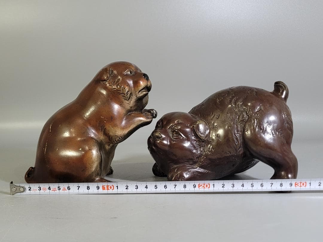 可愛い 遊 犬 置物 銅製 二件 DT592