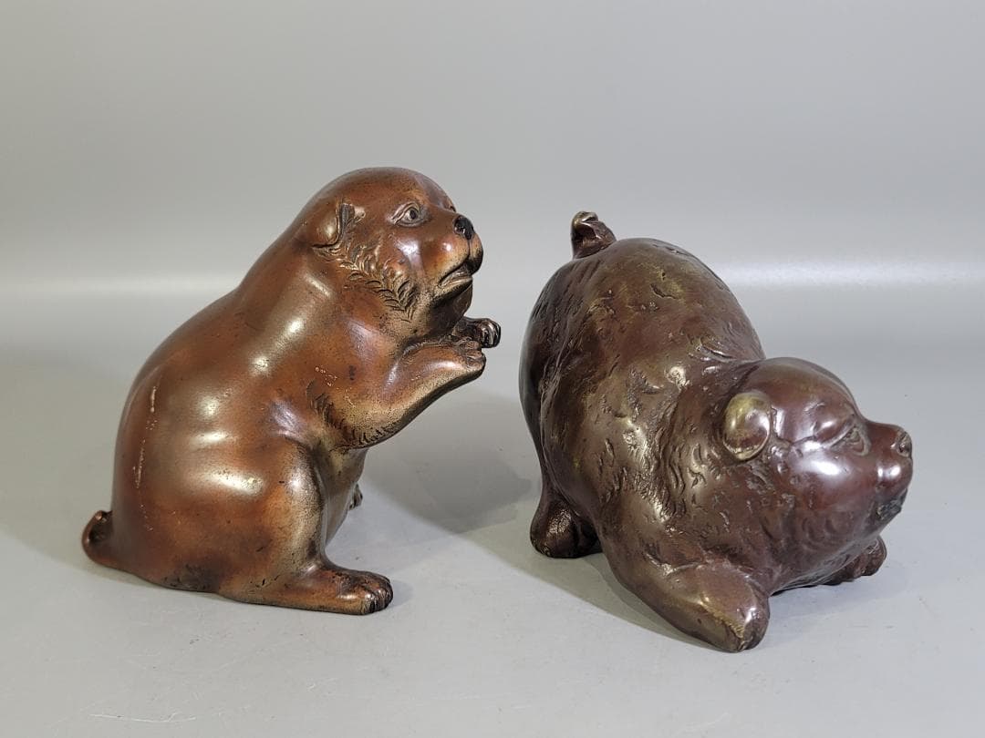 可愛い 遊 犬 置物 銅製 二件 DT592