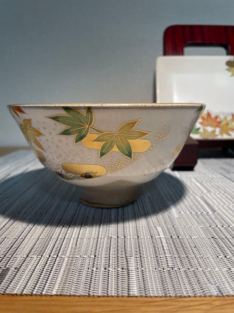 135桑野むつ子 京都 御所の花十二ヶ月【11月紅葉】抹茶椀・和陶皿 しおり付