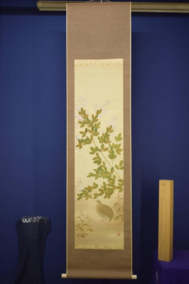 真作/貴道春鳳/敬太朗/萩に鶉図/ウズラ図/布袋屋掛軸HI-760