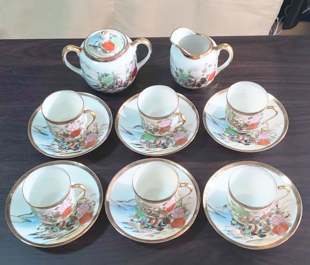 九谷焼 大正時代 金彩花鳥富士模様柄 ティーセット 6客8点セット 陶磁器