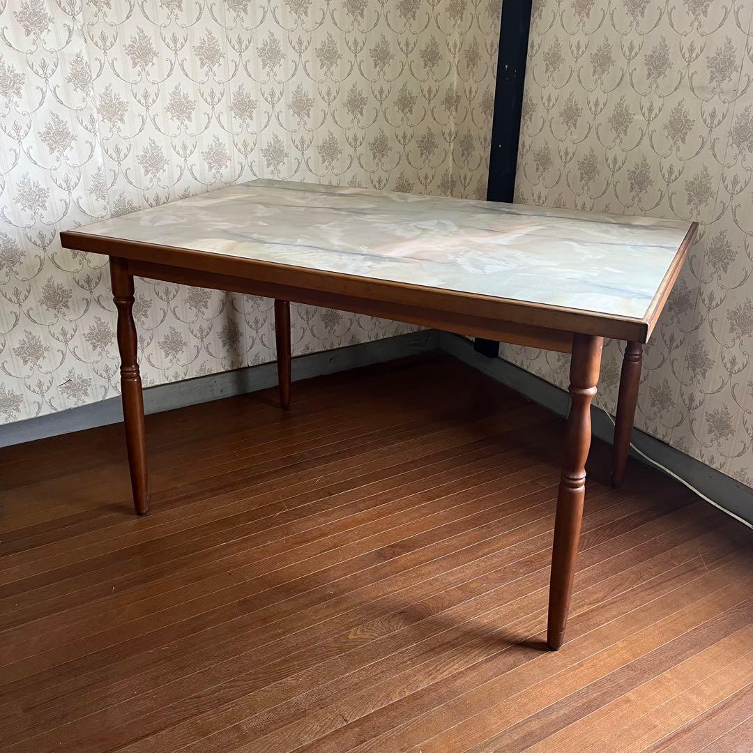 【アンティーク】昭和レトロ 大理石柄 木製ダイニングテーブル 石目天板 古民家