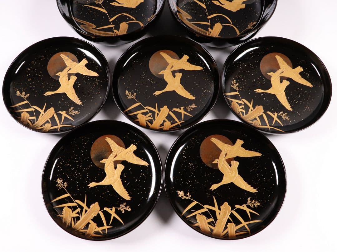 CL64 加賀蒔絵 月に雁 金蒔絵 黒塗煮物椀 五客 木製漆器 梨地 鳥 芦