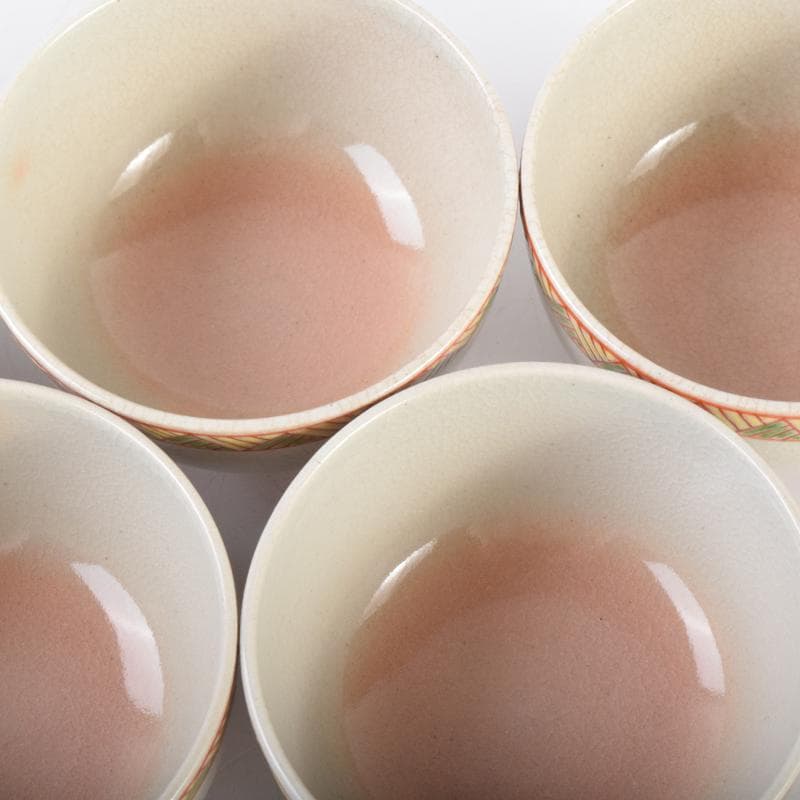 煎茶道具　北村和善作　御室焼　御本手　煎茶碗　五客　共布共箱　V　7030