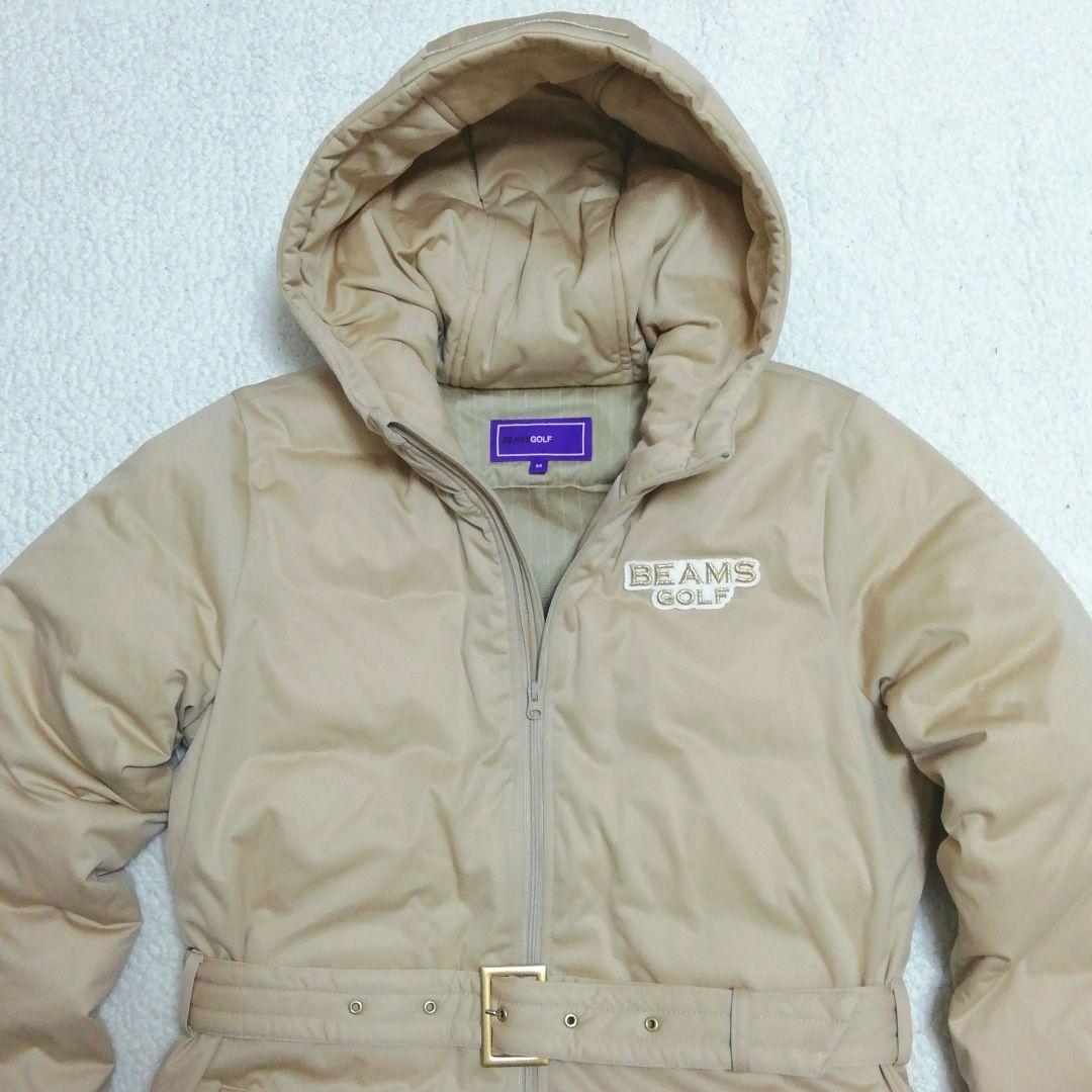 極美品ビームスゴルフ ベルト付属フーデッドダウン(M)Wジップ ベージュ色