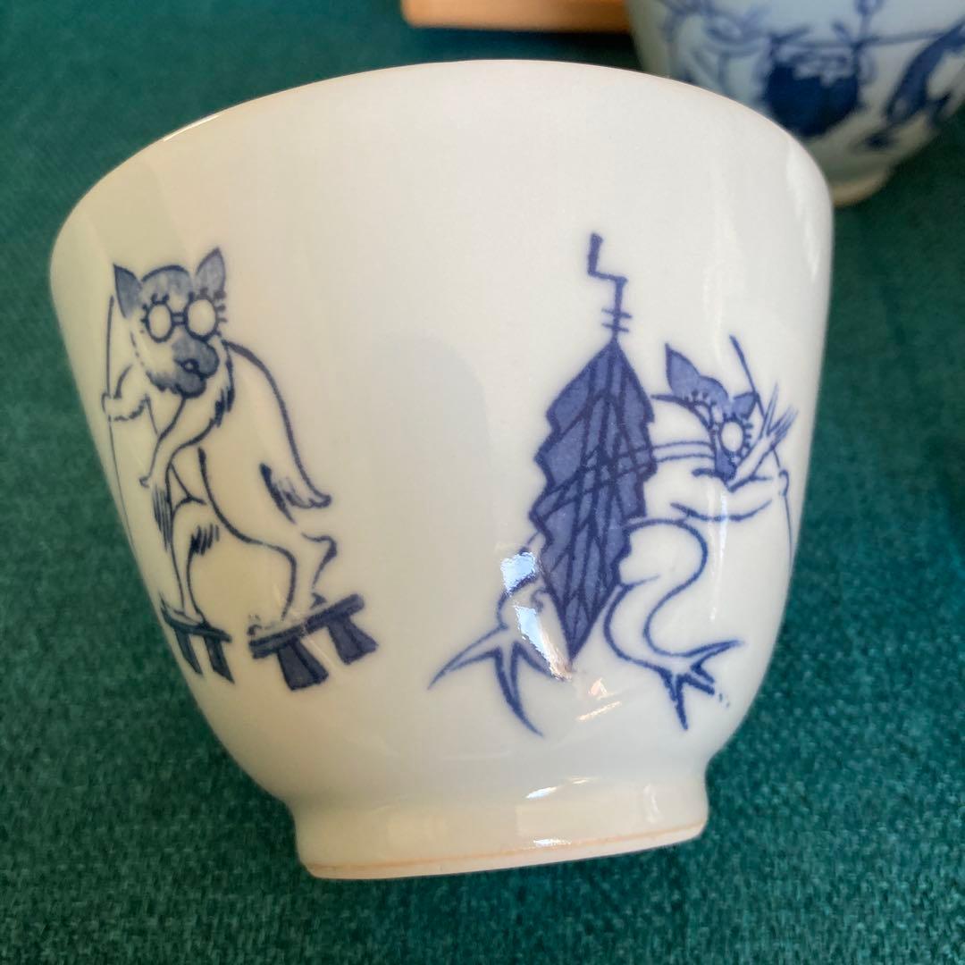 京焼 清水焼 平安吉兆 高山寺 鳥獣戯画倣　汲出 茶碗 湯呑 五客 共箱付き