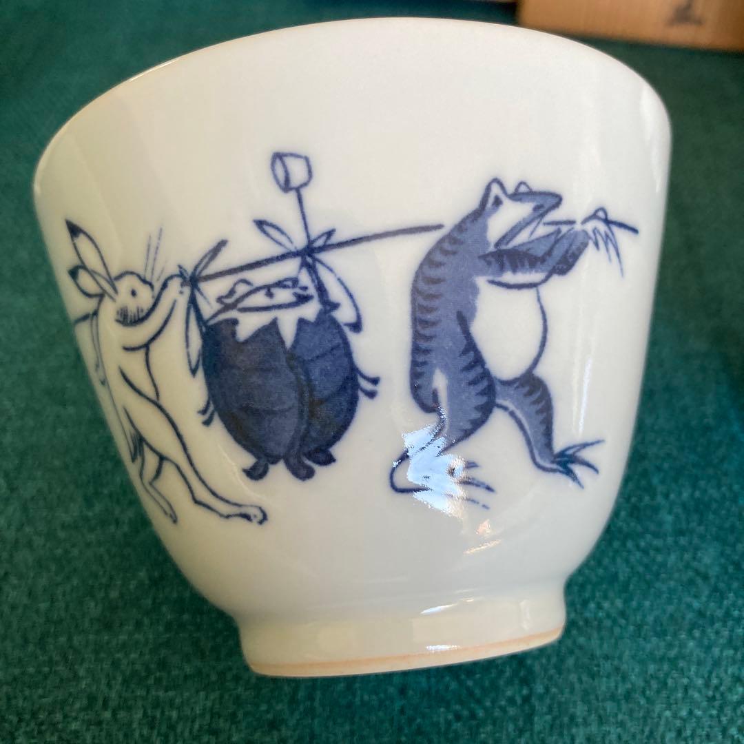 京焼 清水焼 平安吉兆 高山寺 鳥獣戯画倣　汲出 茶碗 湯呑 五客 共箱付き