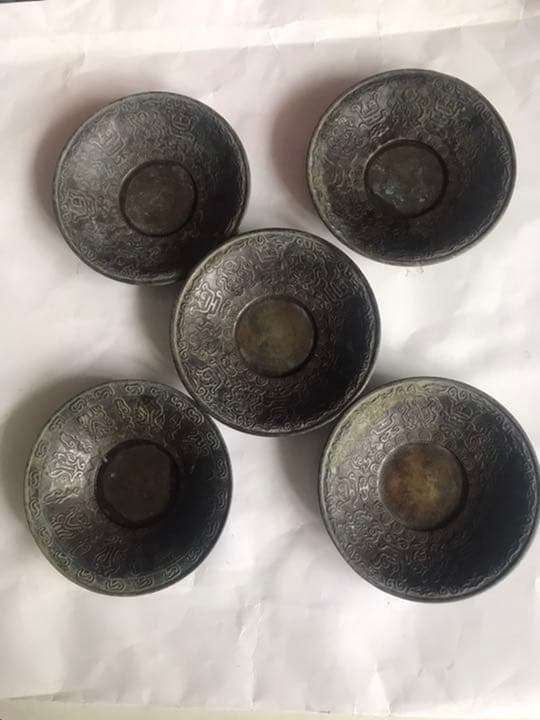 茶托5客，古銅製，在銘「昌晴正」古美術品。