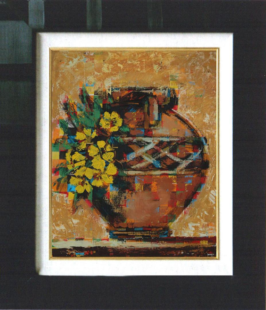 油絵 菅家令子絵 絵画インテリア額付(青緑＋金色の枠) uF6-063904壺花