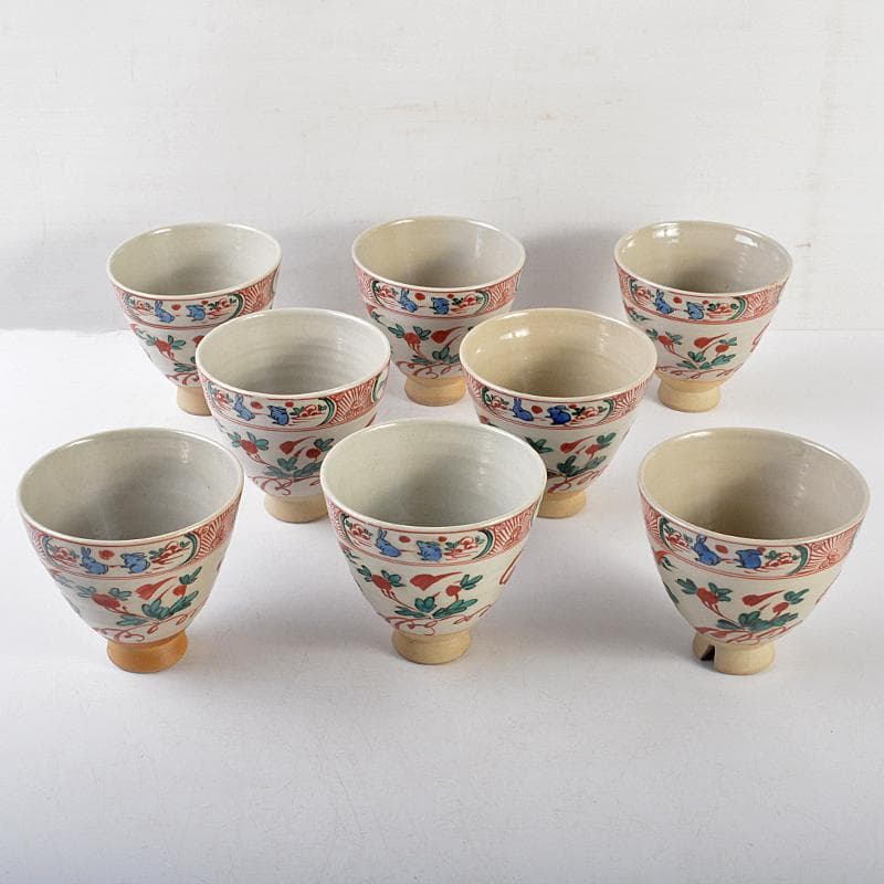 九谷焼　初代　徳田八十吉造　古赤絵　向附　八客　共箱　F　R6573