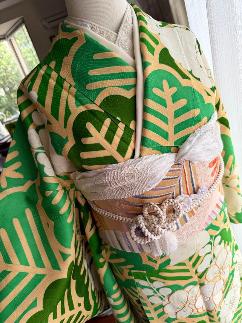 振袖フルセット グリーン×白×クリームイエロー×ゴールド 金駒刺繍