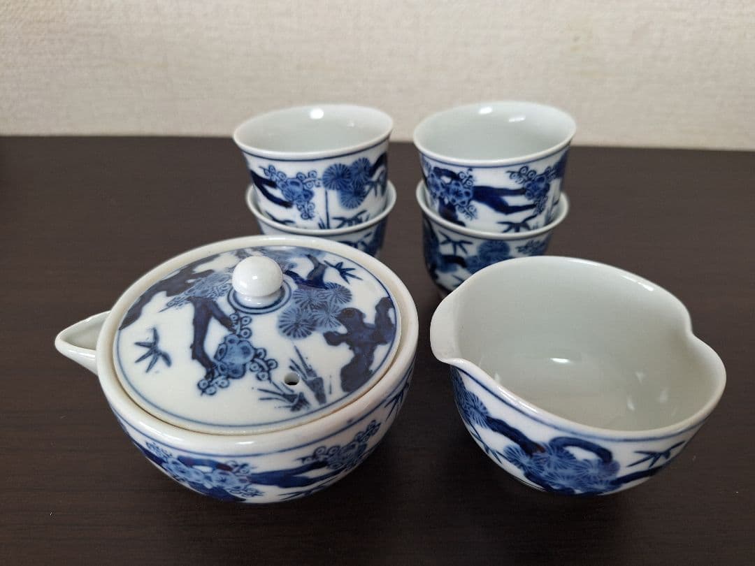 最終値下げ　煎茶器　揃　松竹梅　九谷焼　染付 　煎茶道具　未使用　湯冷まし　茶杯