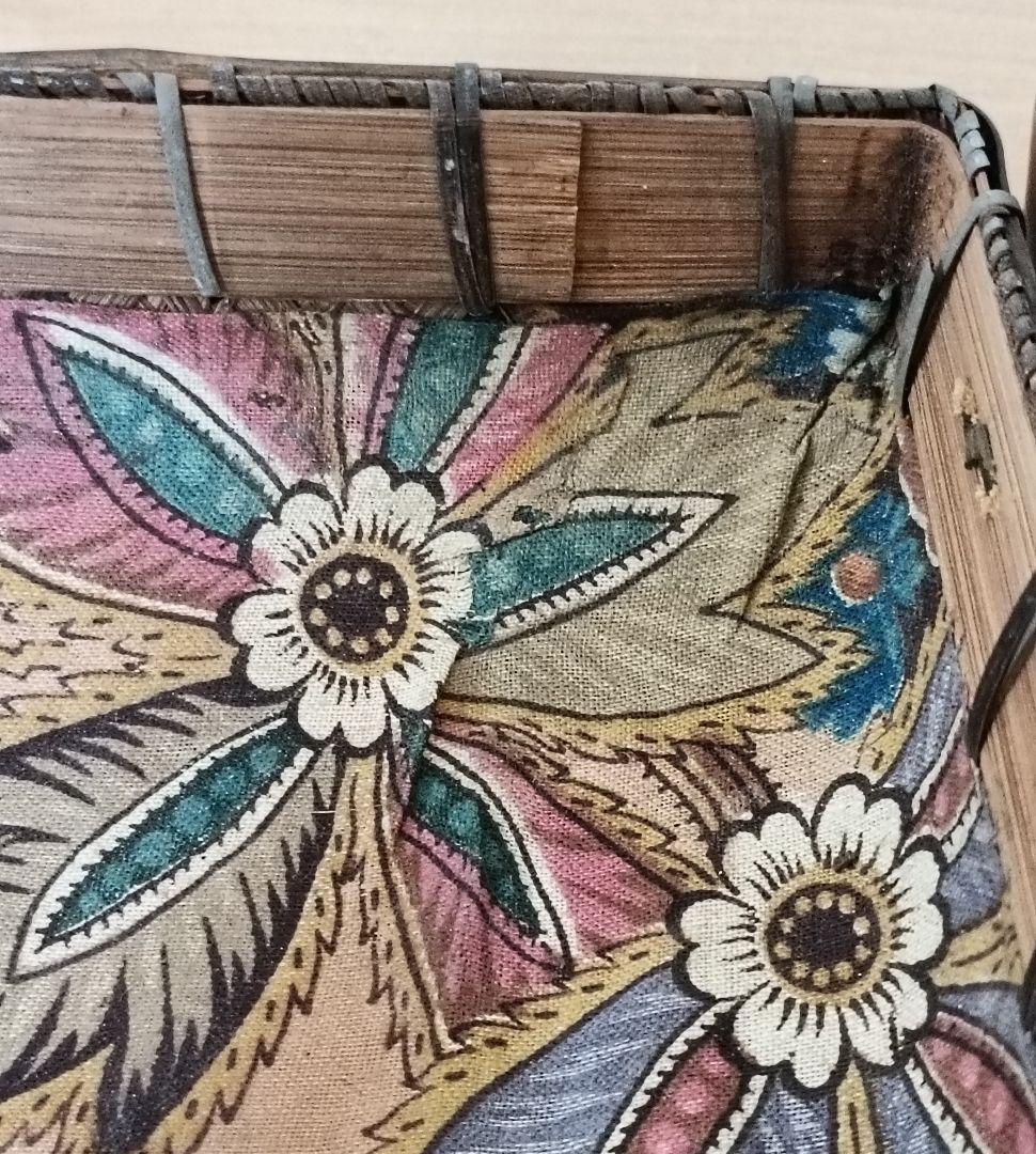 古い 弁当箱 竹編み 銅金具 　箸 網袋 木箱付