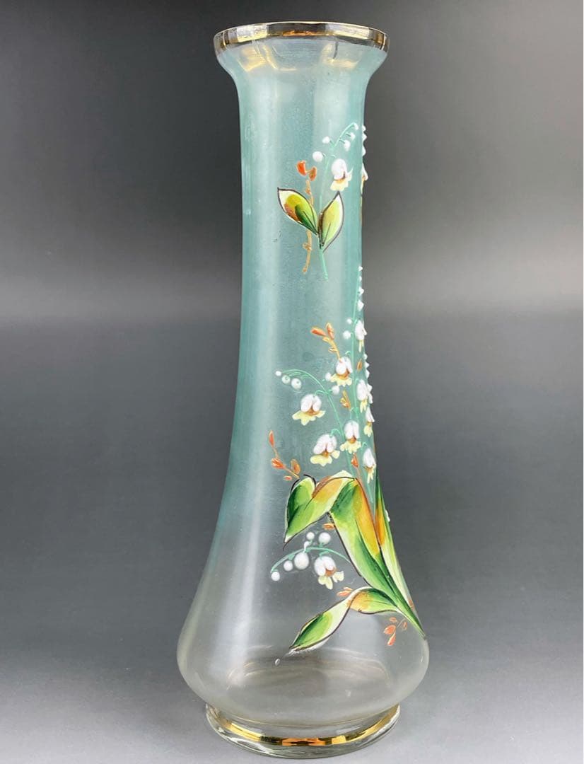 【希少】ボヘミアグラス ２２．５㎝ エナメル盛 スズラン紋 花瓶 一輪挿し