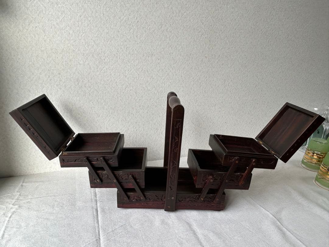木製彫刻 裁縫箱 小物入れ 収納ボックス レリーフ アンティーク シンガポール