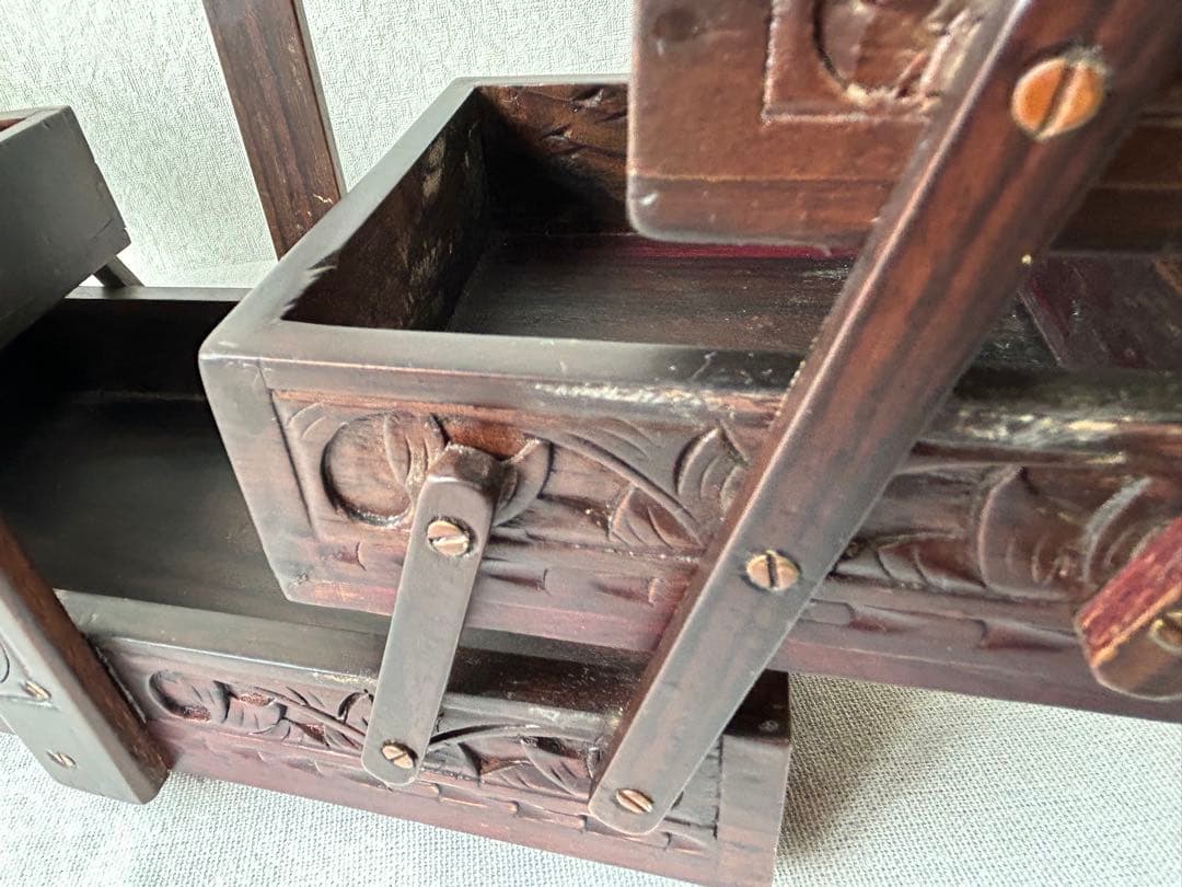 木製彫刻 裁縫箱 小物入れ 収納ボックス レリーフ アンティーク シンガポール