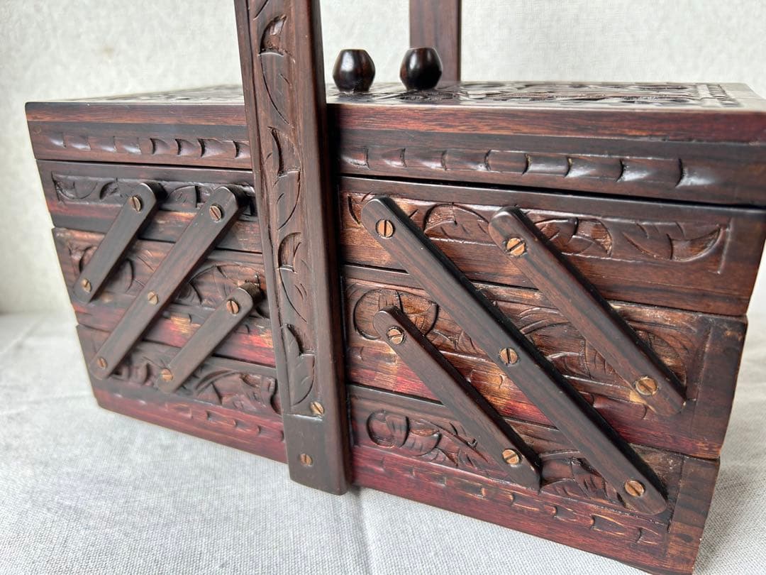 木製彫刻 裁縫箱 小物入れ 収納ボックス レリーフ アンティーク シンガポール