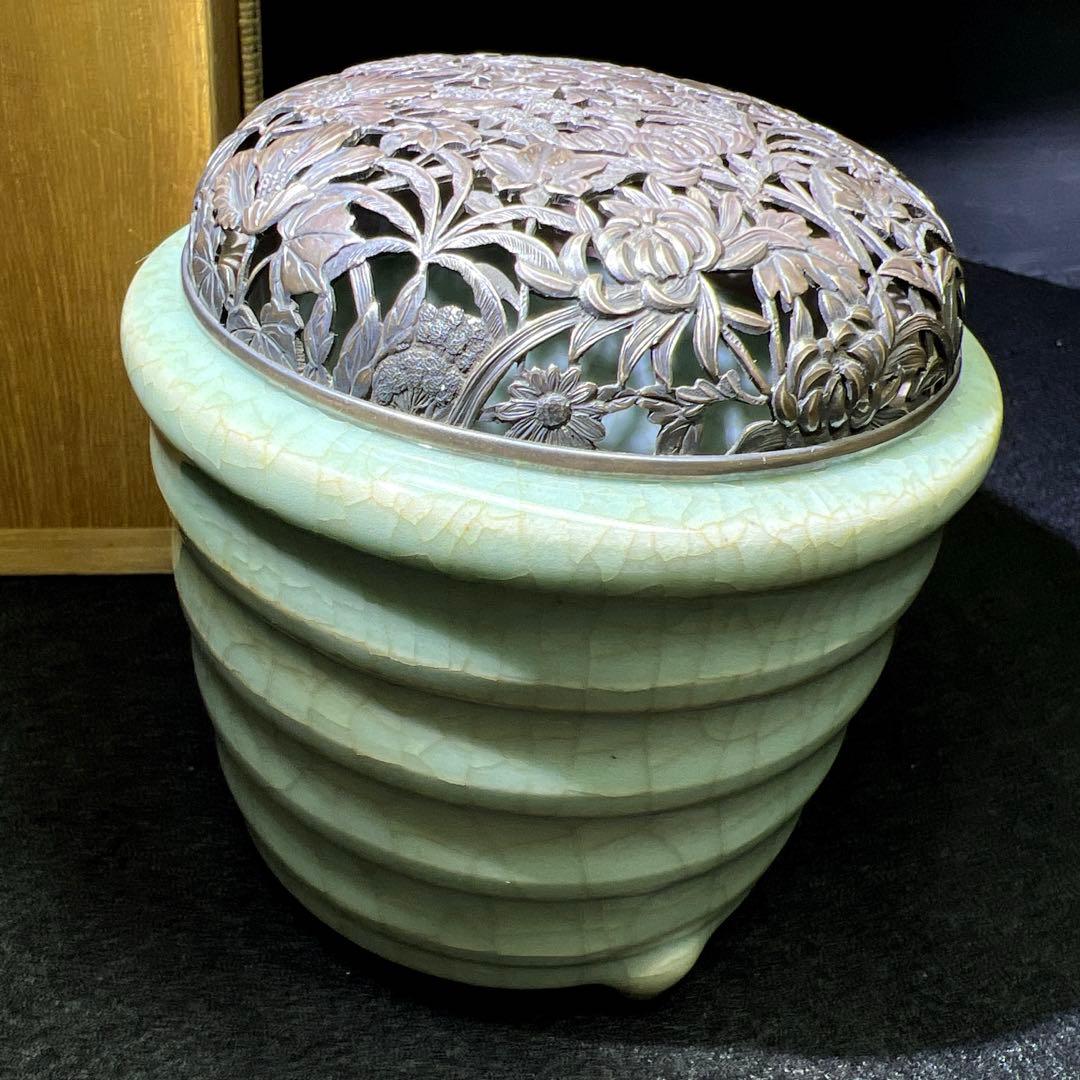 中国元時代　七官青磁　上手　銀火屋香炉　木箱付　東Y7-1203☆2Fトサオ