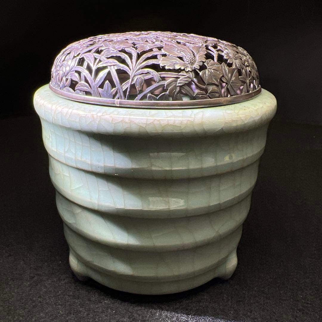 中国元時代　七官青磁　上手　銀火屋香炉　木箱付　東Y7-1203☆2Fトサオ