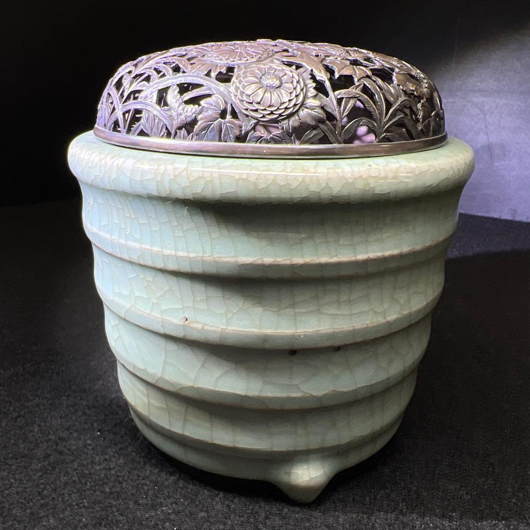 中国元時代　七官青磁　上手　銀火屋香炉　木箱付　東Y7-1203☆2Fトサオ