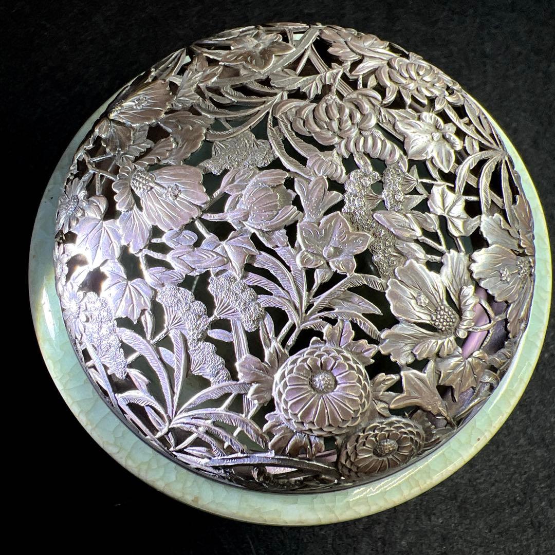 中国元時代　七官青磁　上手　銀火屋香炉　木箱付　東Y7-1203☆2Fトサオ