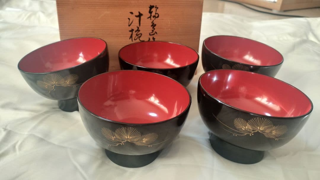 値下げ！輪島塗　漆器 高台椀 5個セット 黒赤 金色装飾
