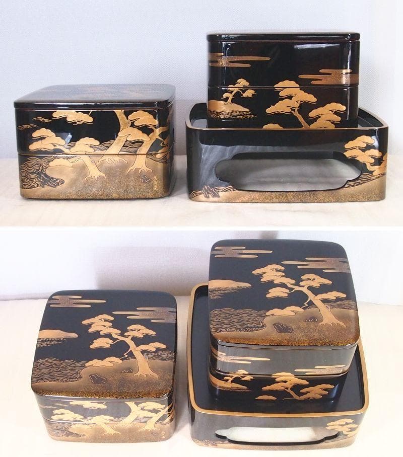 【高級・良品】輪島塗 五島屋謹製 光甫作 松島蒔絵 四段重箱 台付き 山水蒔絵