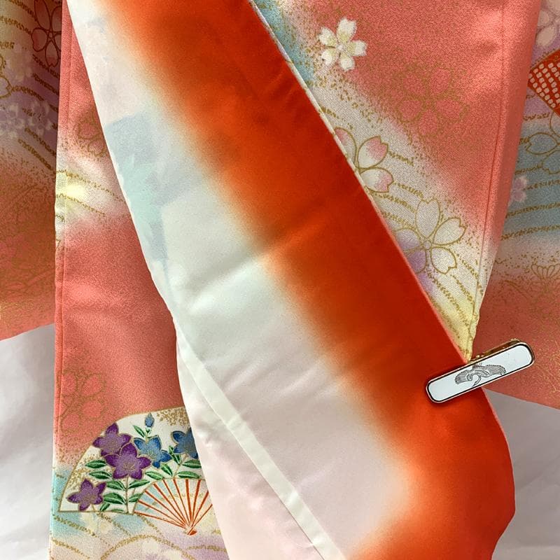 506ag2□七五三 七歳 女児 着物&袋帯&長襦袢 金彩 扇 桜□美品