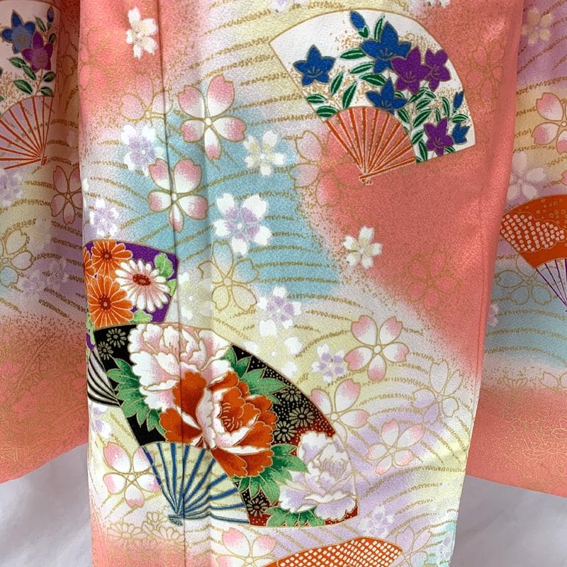 506ag2□七五三 七歳 女児 着物&袋帯&長襦袢 金彩 扇 桜□美品