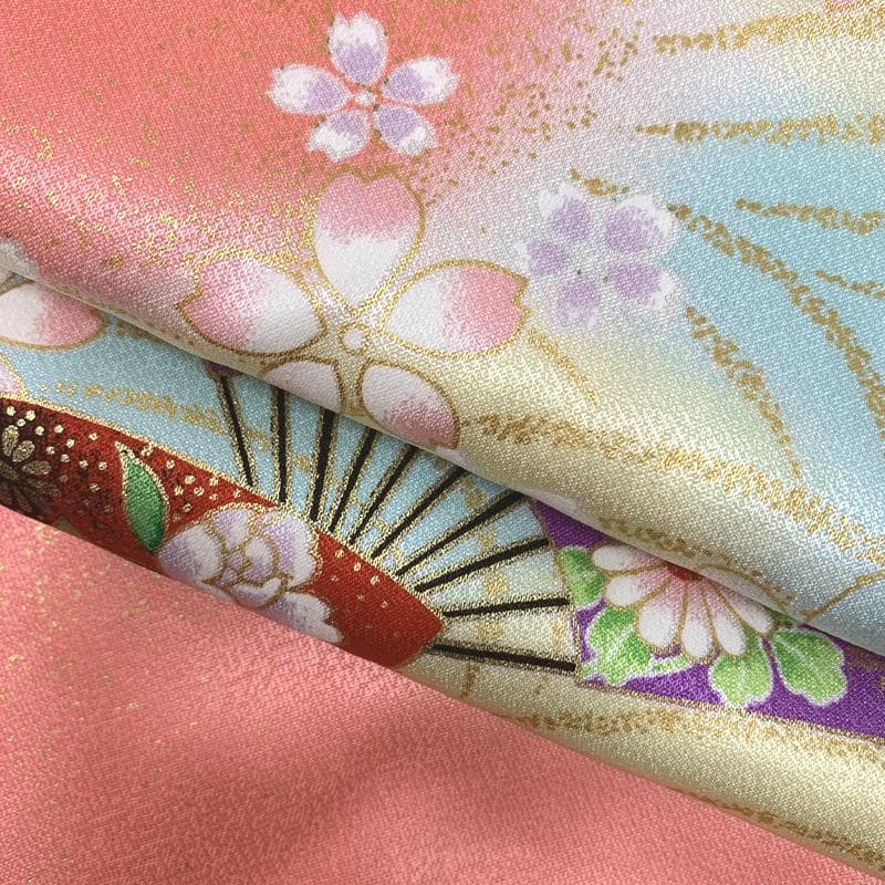 506ag2□七五三 七歳 女児 着物&袋帯&長襦袢 金彩 扇 桜□美品