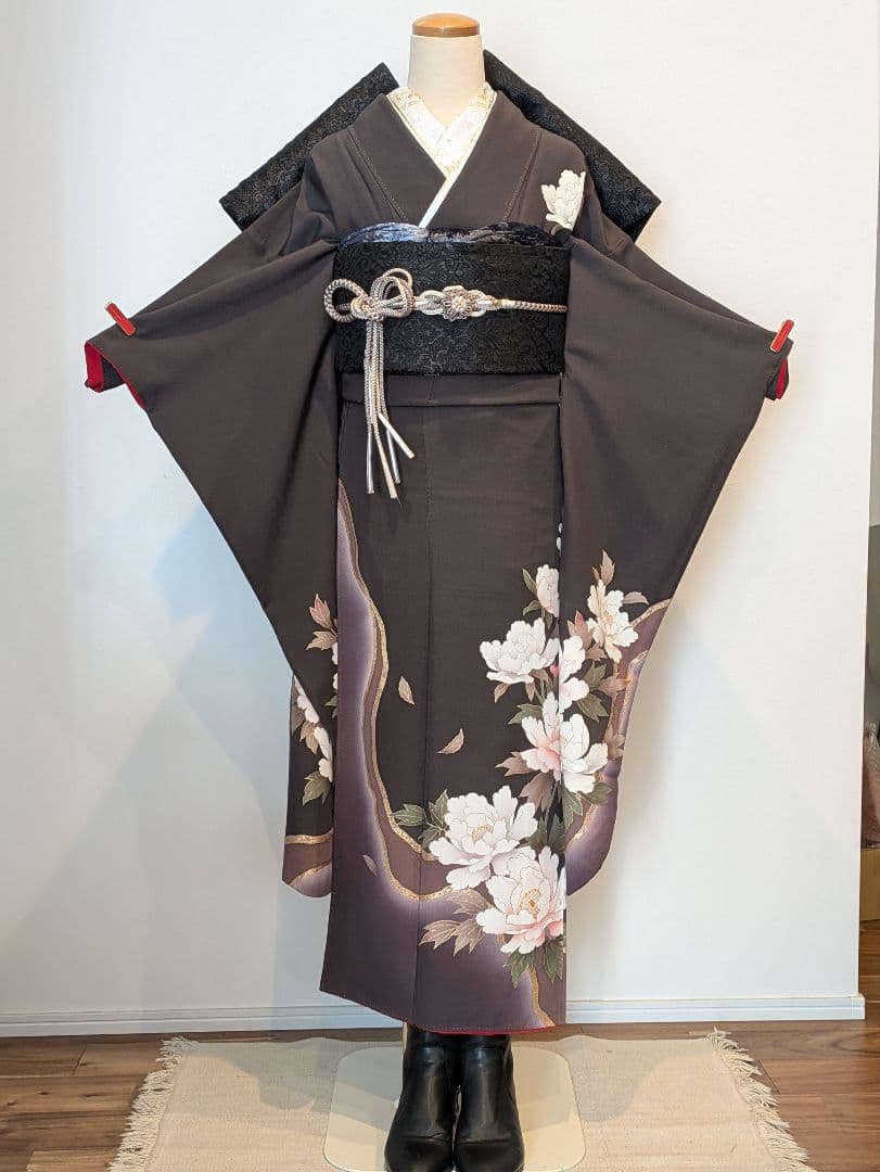 振袖フルセット 身丈152裄63.5 チャコールグレー 黒 金彩 成人式 逸品