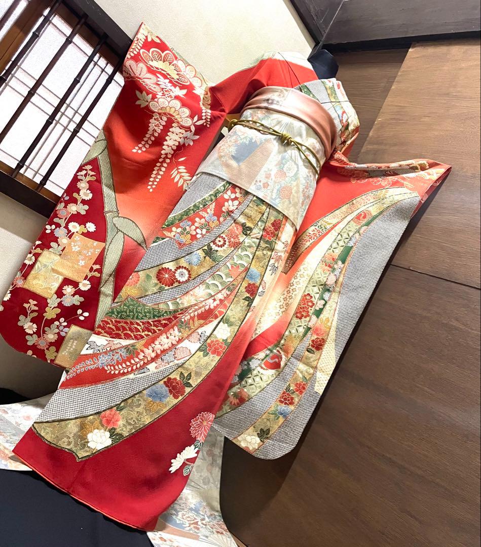 振袖 フルセット6点サイズS〜M 手描き　御所車枝花文　暈し染め　金銀彩　正絹