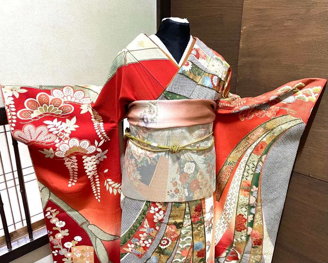 振袖 フルセット6点サイズS〜M 手描き　御所車枝花文　暈し染め　金銀彩　正絹