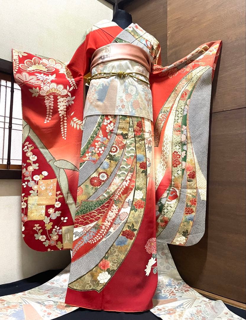 振袖 フルセット6点サイズS〜M 手描き　御所車枝花文　暈し染め　金銀彩　正絹