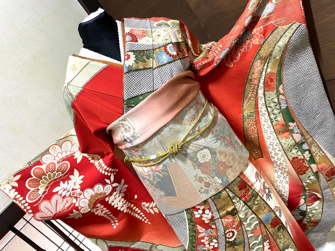 振袖 フルセット6点サイズS〜M 手描き　御所車枝花文　暈し染め　金銀彩　正絹