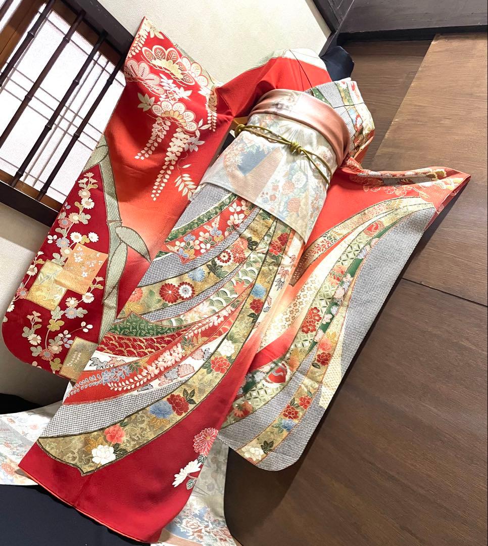 振袖 フルセット6点サイズS〜M 手描き　御所車枝花文　暈し染め　金銀彩　正絹