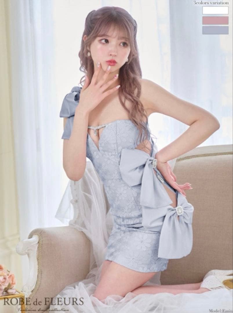 ローブドフルール　フラワーレース×リボンワンショルダーミニキャバドレス　水色