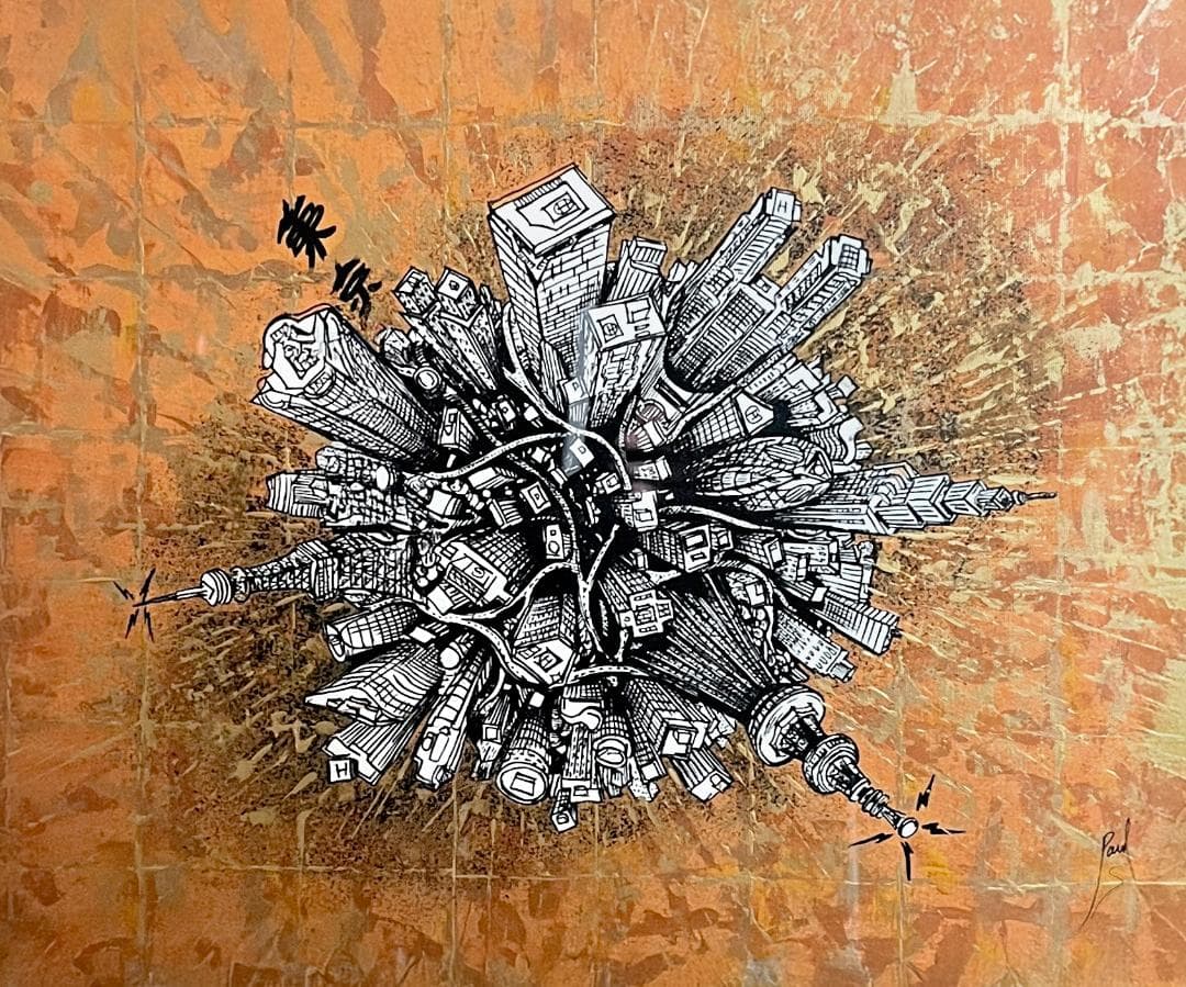 アンティークフレームの金彩墨絵