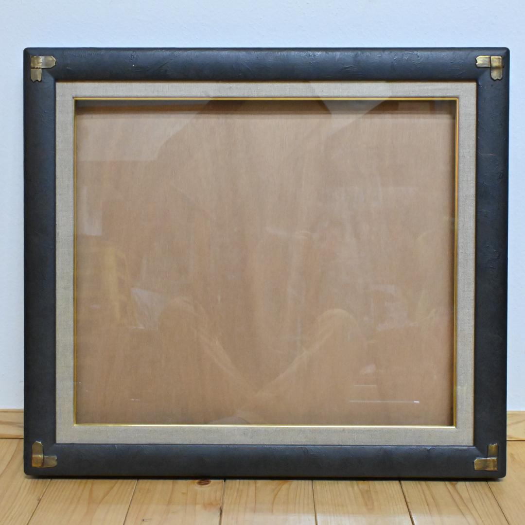 【額縁】良品 F10☆木製油彩額・前面ガラス付き・黒・グレー布・金・アンティーク