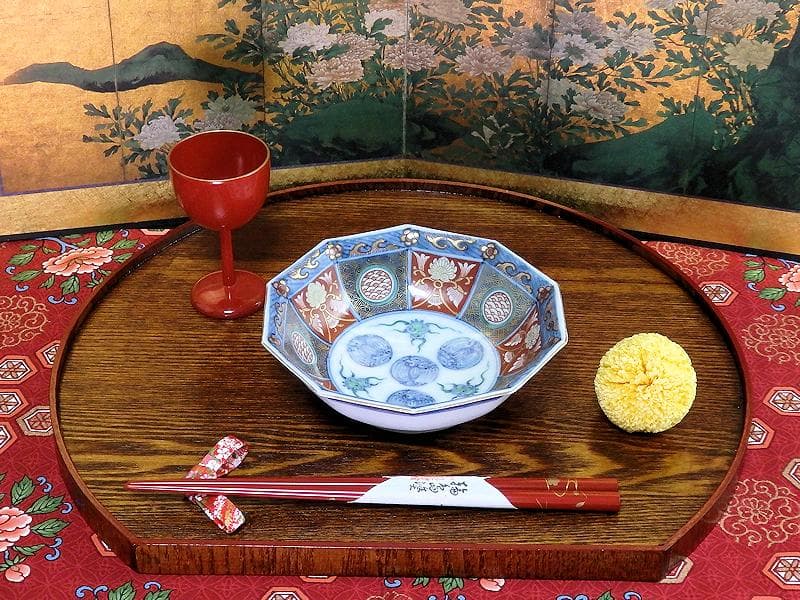 大聖寺伊万里　金襴手　鳳凰に雲　花に青海波の図　八角膾皿　D737AS-fbsv