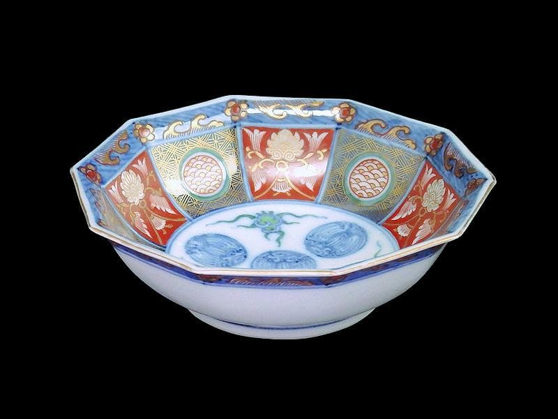 大聖寺伊万里　金襴手　鳳凰に雲　花に青海波の図　八角膾皿　D737AS-fbsv