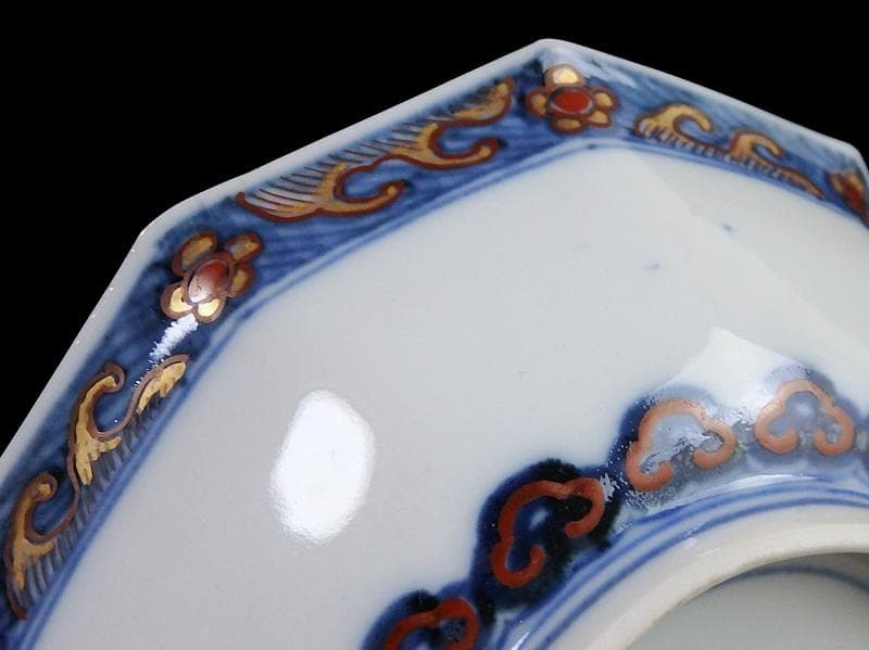 大聖寺伊万里　金襴手　鳳凰に雲　花に青海波の図　八角膾皿　D737AS-fbsv