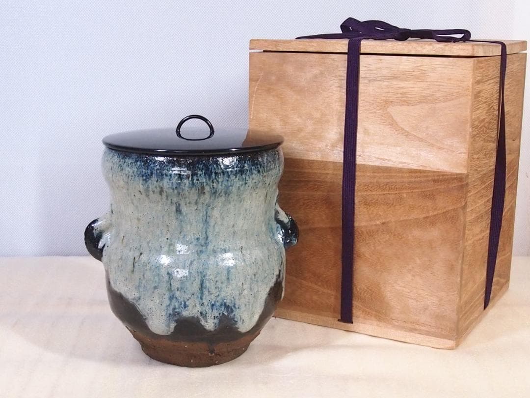 【古物】北大路魯山人写 朝鮮唐津 水指 一文字塗蓋 茶道具/お点前道具 骨董